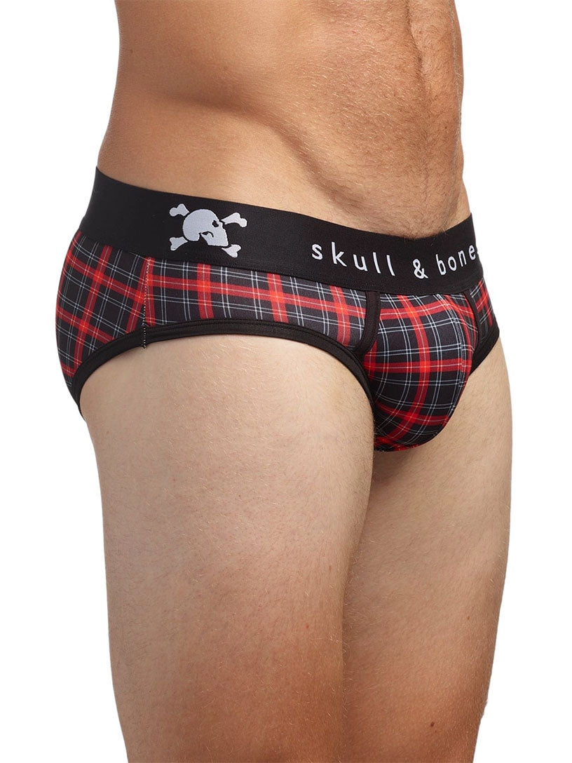 Plaid underwear with skull and bones design on a black background