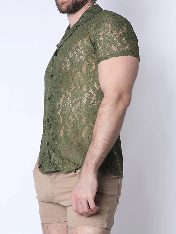 Timoteo Sorrento Button Down Lace Shirt Forest Green - Fullkit.com