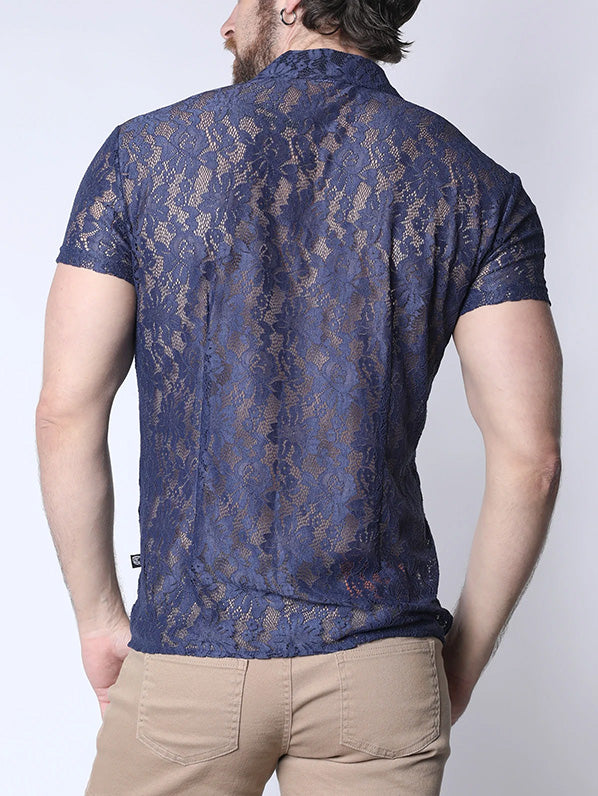 Timoteo Sorrento Button Down Lace Shirt Midnight Blue - Fullkit.com