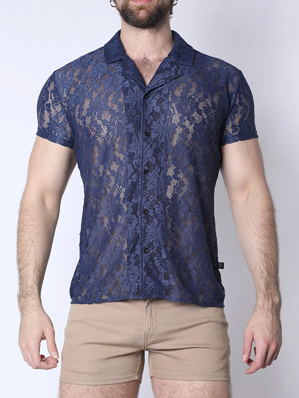 Timoteo Sorrento Button Down Lace Shirt Midnight Blue - Fullkit.com