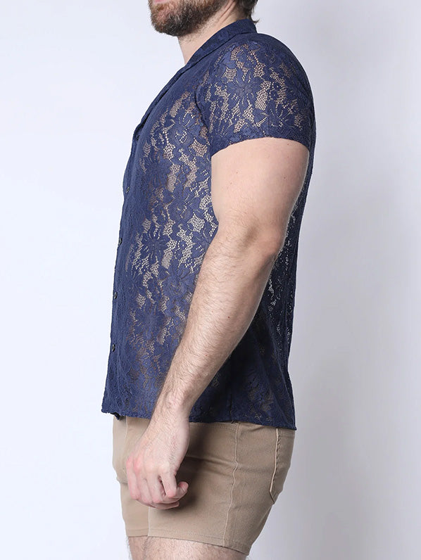 Timoteo Sorrento Button Down Lace Shirt Midnight Blue - Fullkit.com