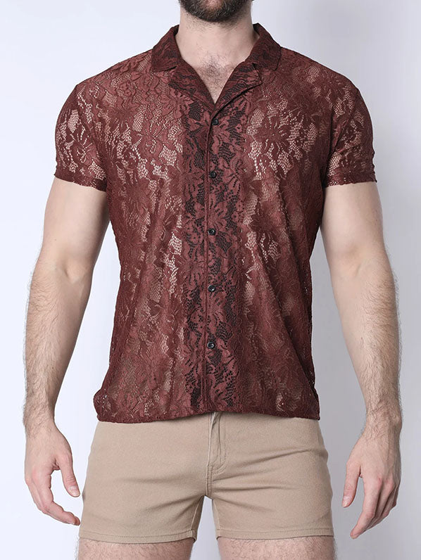 Timoteo Sorrento Button Down Lace Shirt Rust - Fullkit.com