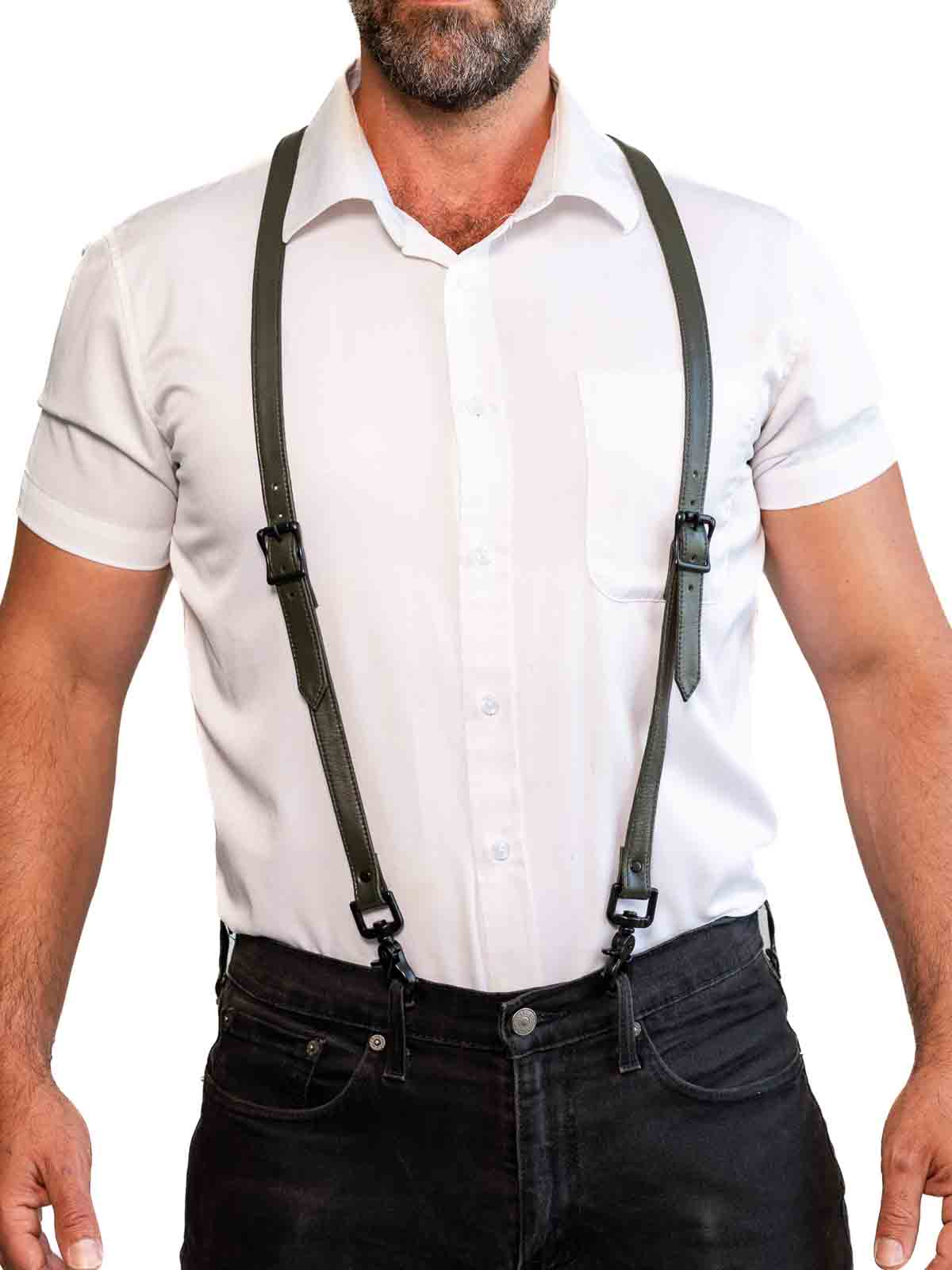 Fk Leather Garment Braces Olive Green Black - Fullkit.com