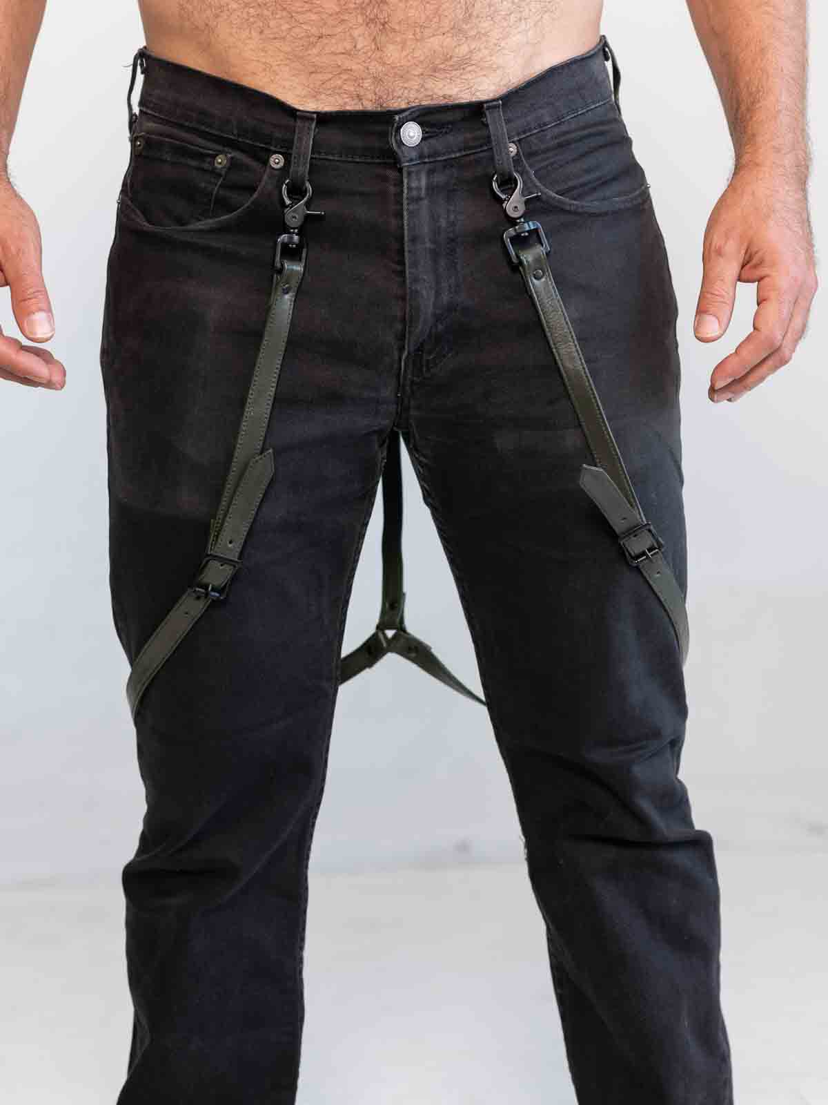 Fk Leather Garment Braces Olive Green Black - Fullkit.com