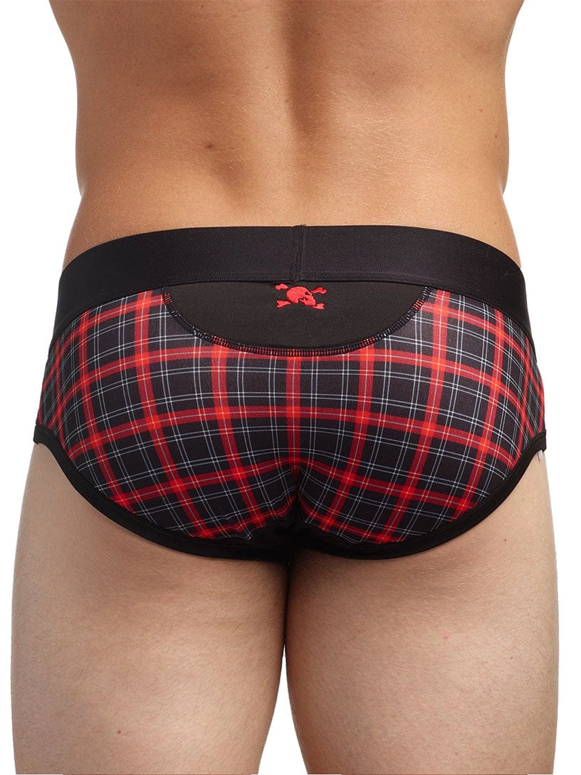 Red and black plaid underwear with a visible brand logo on a black background