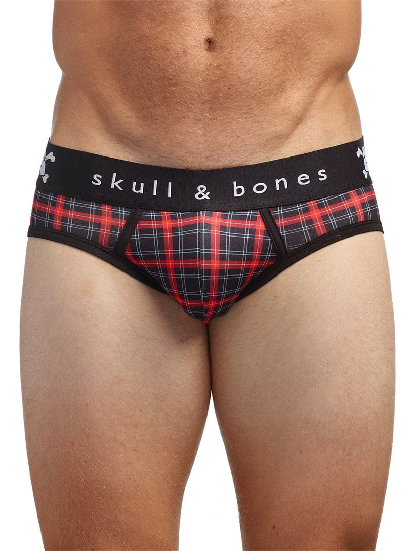 Red plaid underwear with 'skull & bones' waistband on a black background