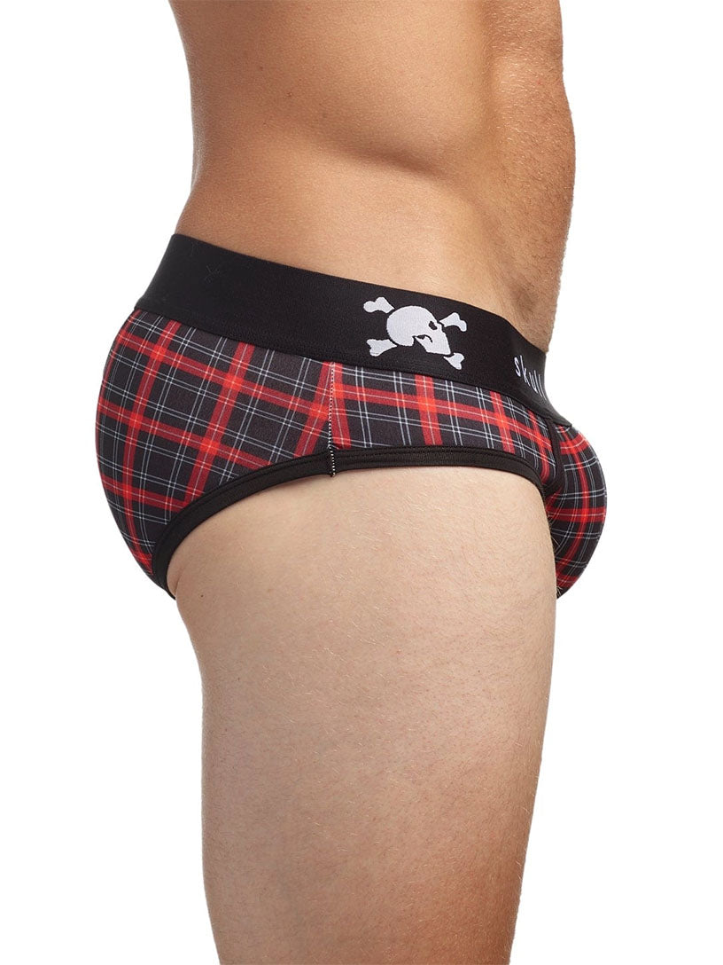 Red plaid underwear with black waistband featuring a skull design on a black background