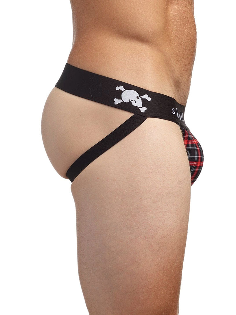Plaid men's jockstrap with 'skull & bones' waistband 