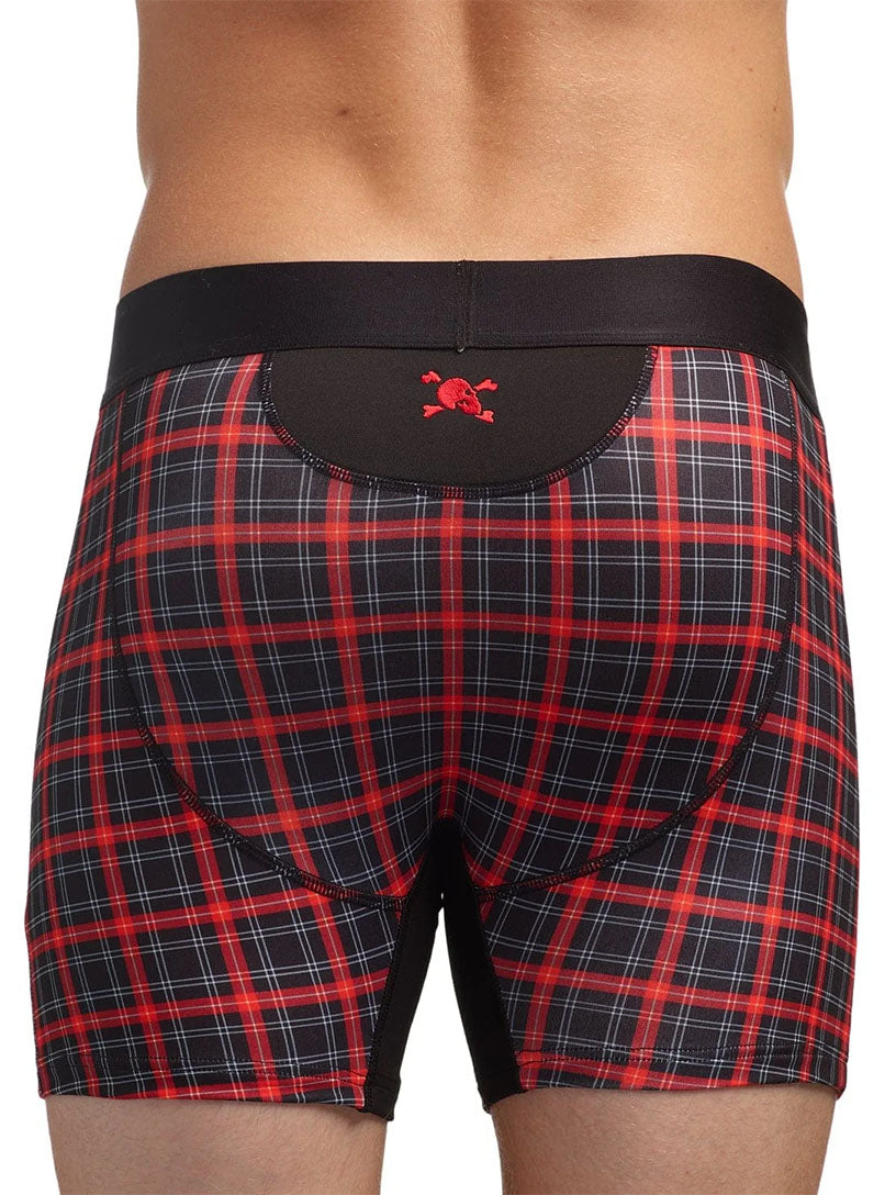 Red and black plaid boxer briefs with a skull and crossbones logo on a white background