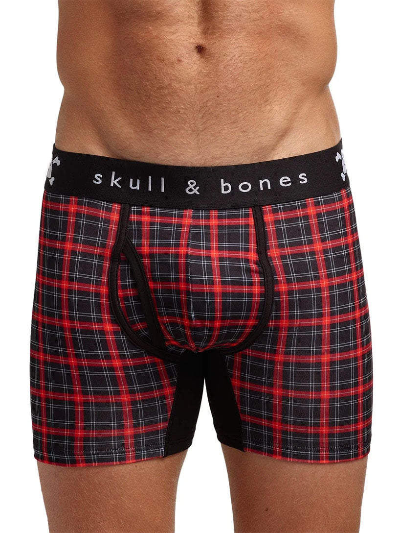 Red and black plaid boxer briefs with 'skull & bones' waistband on a white background