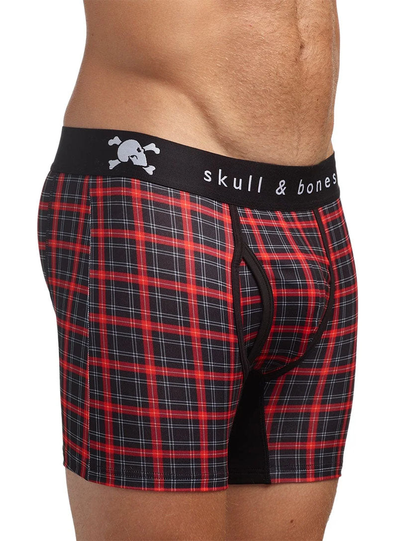 Red and black plaid boxer briefs with skull and bones waistband on a white background