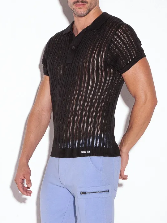 code 22 knitted stripe polo shirt black - Fullkit.com